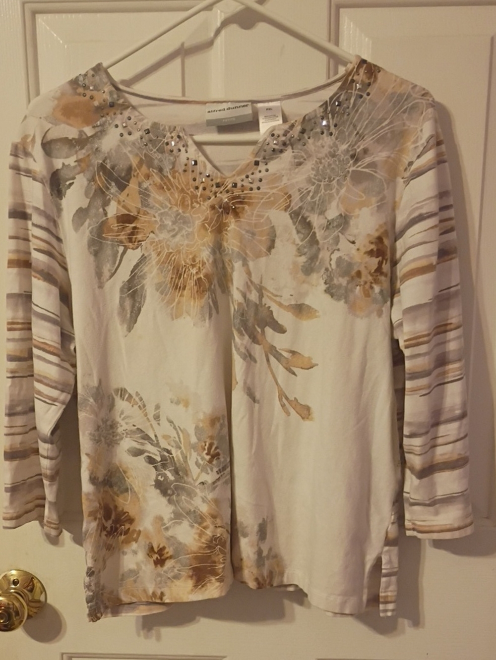 Alfred Dunner Cream Floral V-Neck Long Sleeve Top with Embellished Neckline